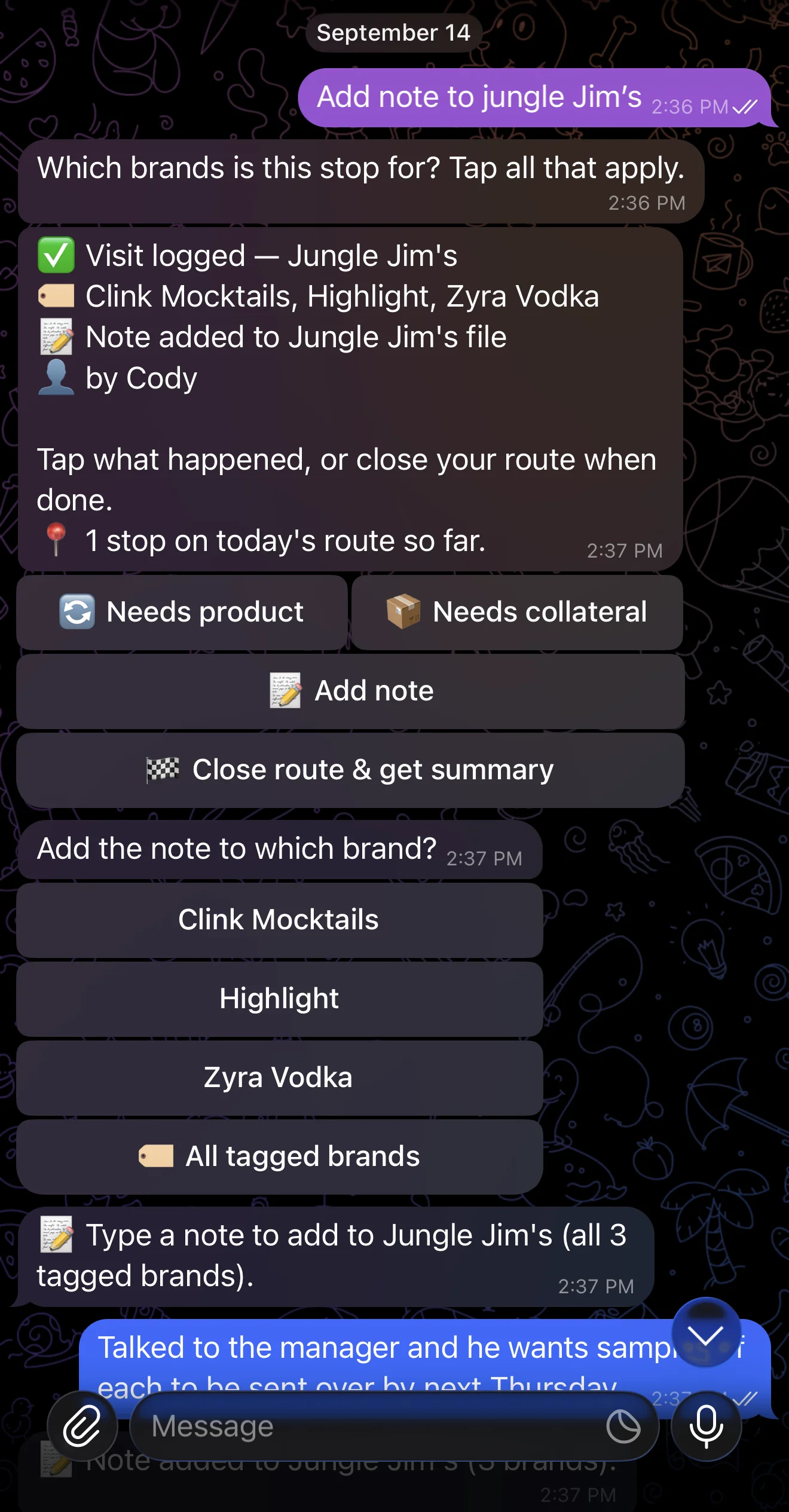 The rep's Telegram bot confirming a logged store visit