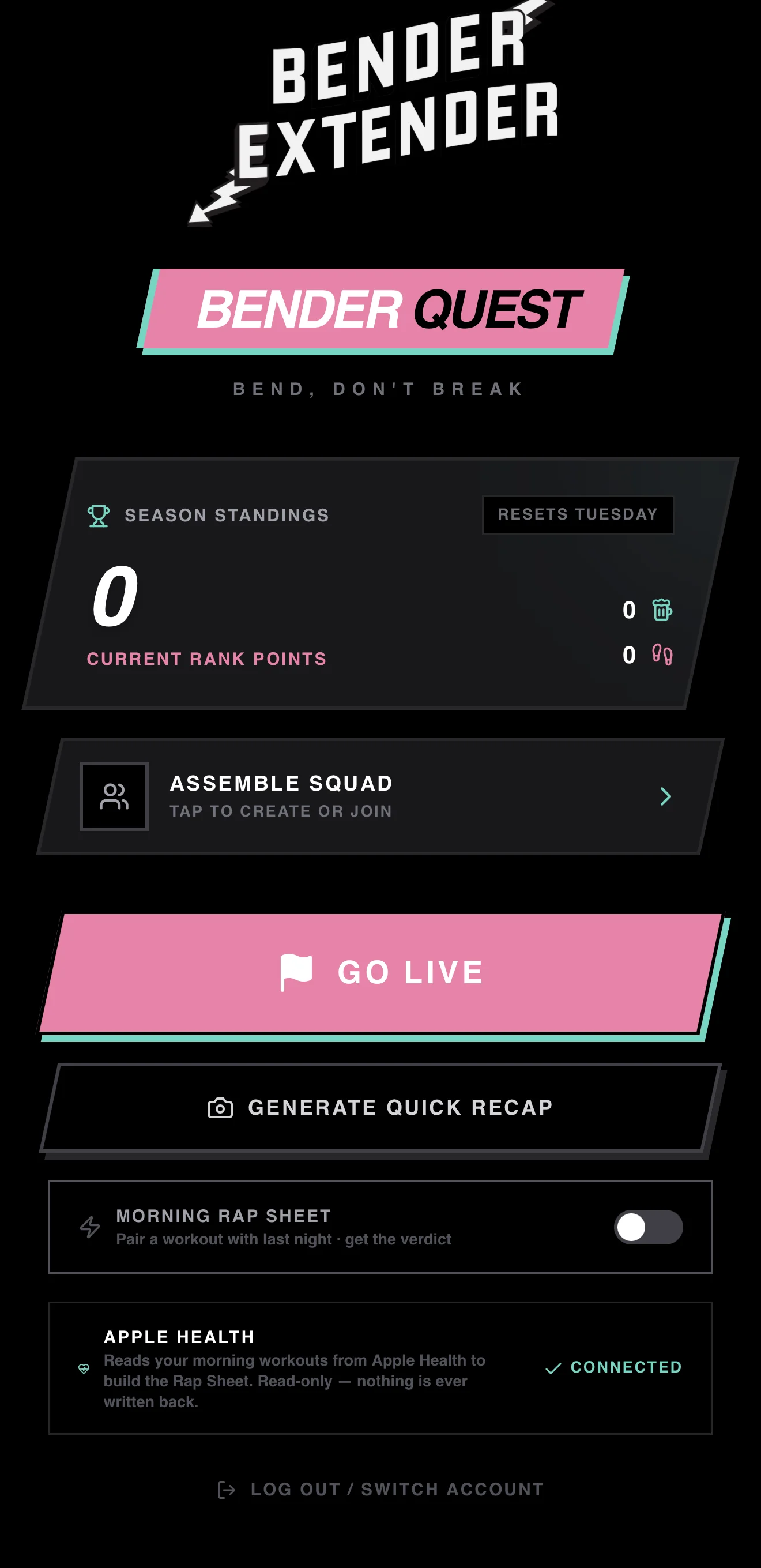 Night-out app home screen on a phone with season standings, squad and Go Live