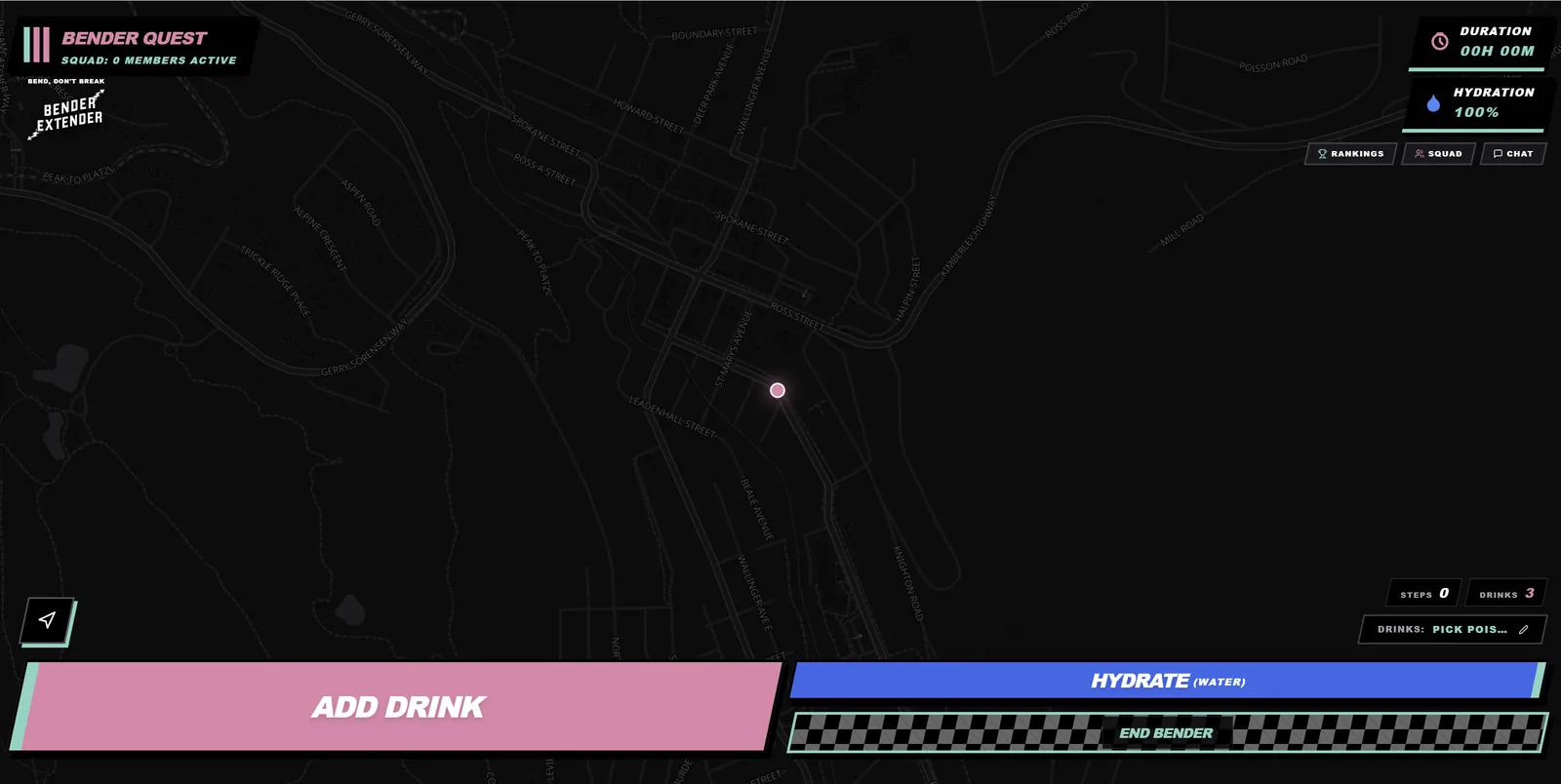 Night-out app on desktop: a live map with duration, hydration, drinks and squad controls
